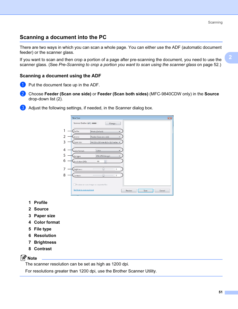 Scanning a document into the pc, Scanning a document using the adf, 2scanning a document into the pc | Brother MFC 9840CDW User Manual | Page 58 / 221