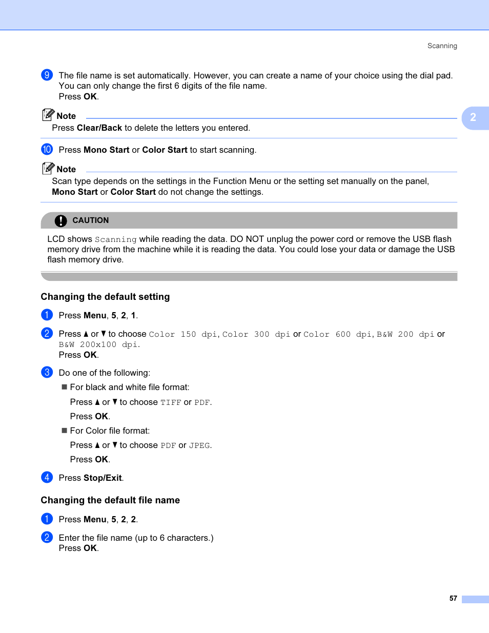 Changing the default setting, Changing the default file name | Brother MFC 9840CDW User Manual | Page 64 / 221