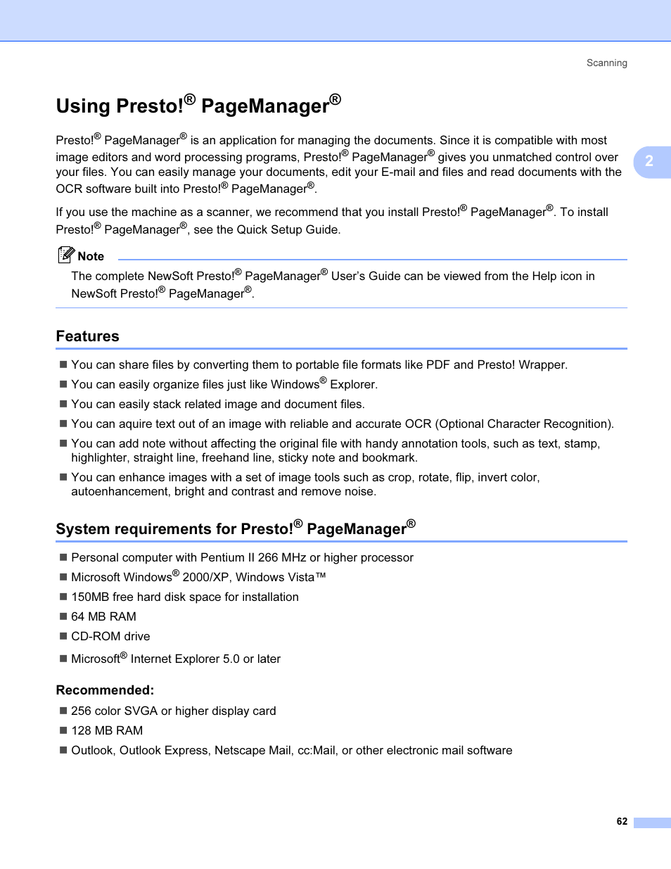 Features, Recommended, Using presto | Features system requirements for presto, Pagemanager, System requirements for presto | Brother MFC 9840CDW User Manual | Page 69 / 221