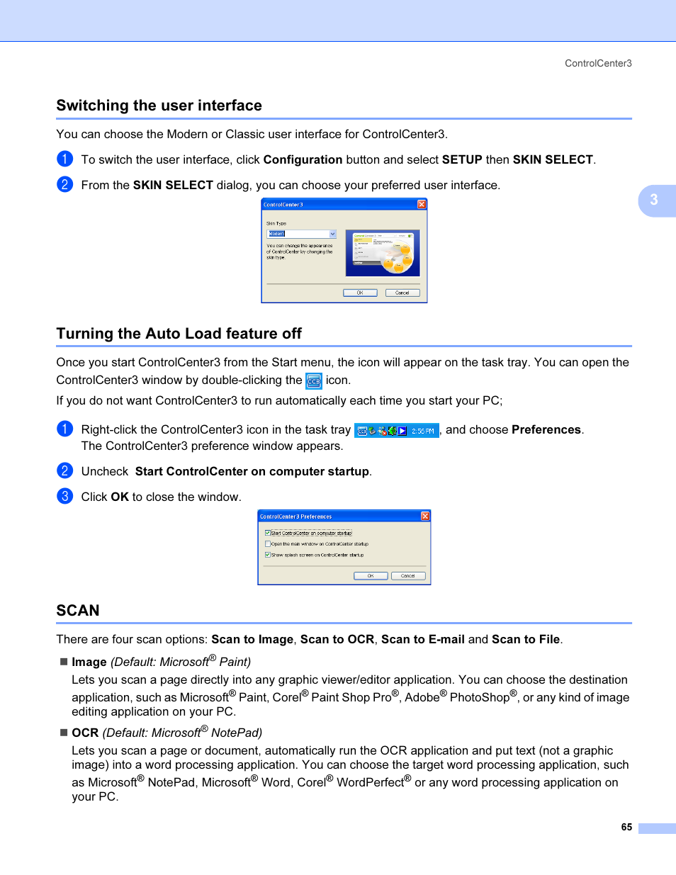 Switching the user interface, Turning the auto load feature off, Scan | 3switching the user interface | Brother MFC 9840CDW User Manual | Page 72 / 221