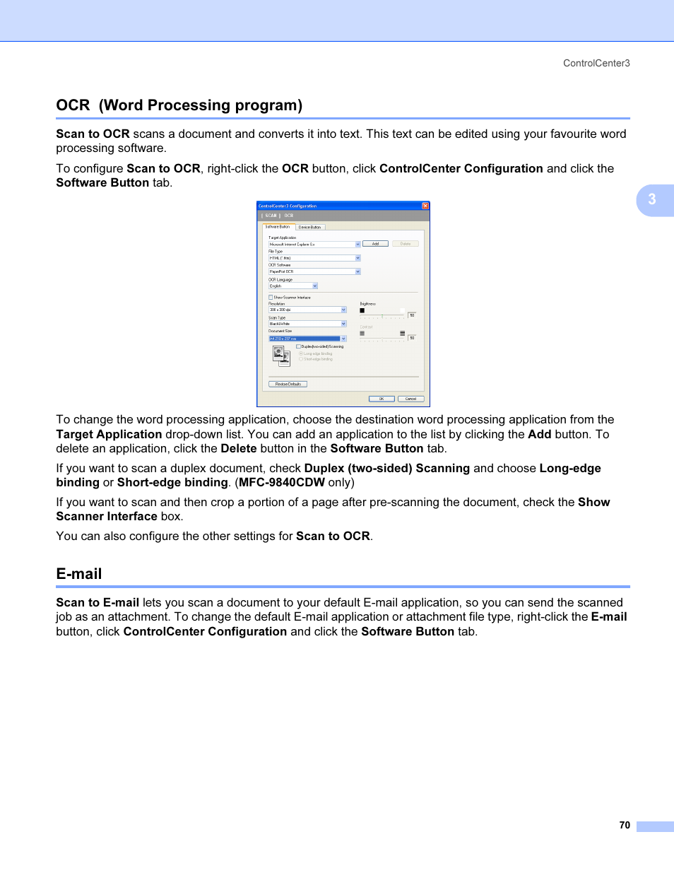 Ocr (word processing program), E-mail, Ocr (word processing program) e-mail | 3ocr (word processing program) | Brother MFC 9840CDW User Manual | Page 77 / 221