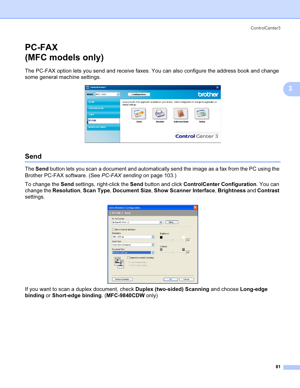 Pc-fax (mfc models only), Send | Brother MFC 9840CDW User Manual | Page 88 / 221
