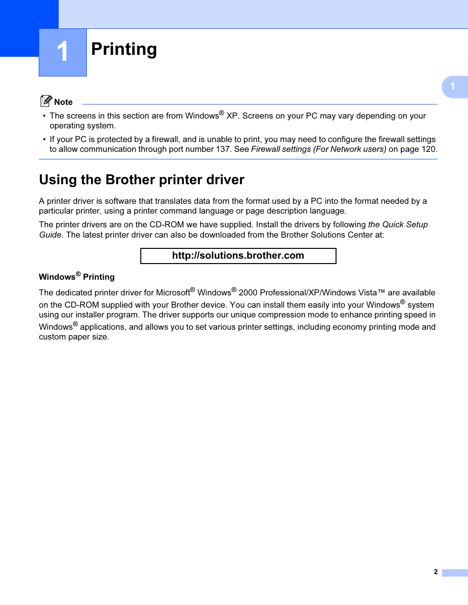 1 printing, Using the brother printer driver, Printing | Brother MFC 9840CDW User Manual | Page 9 / 221