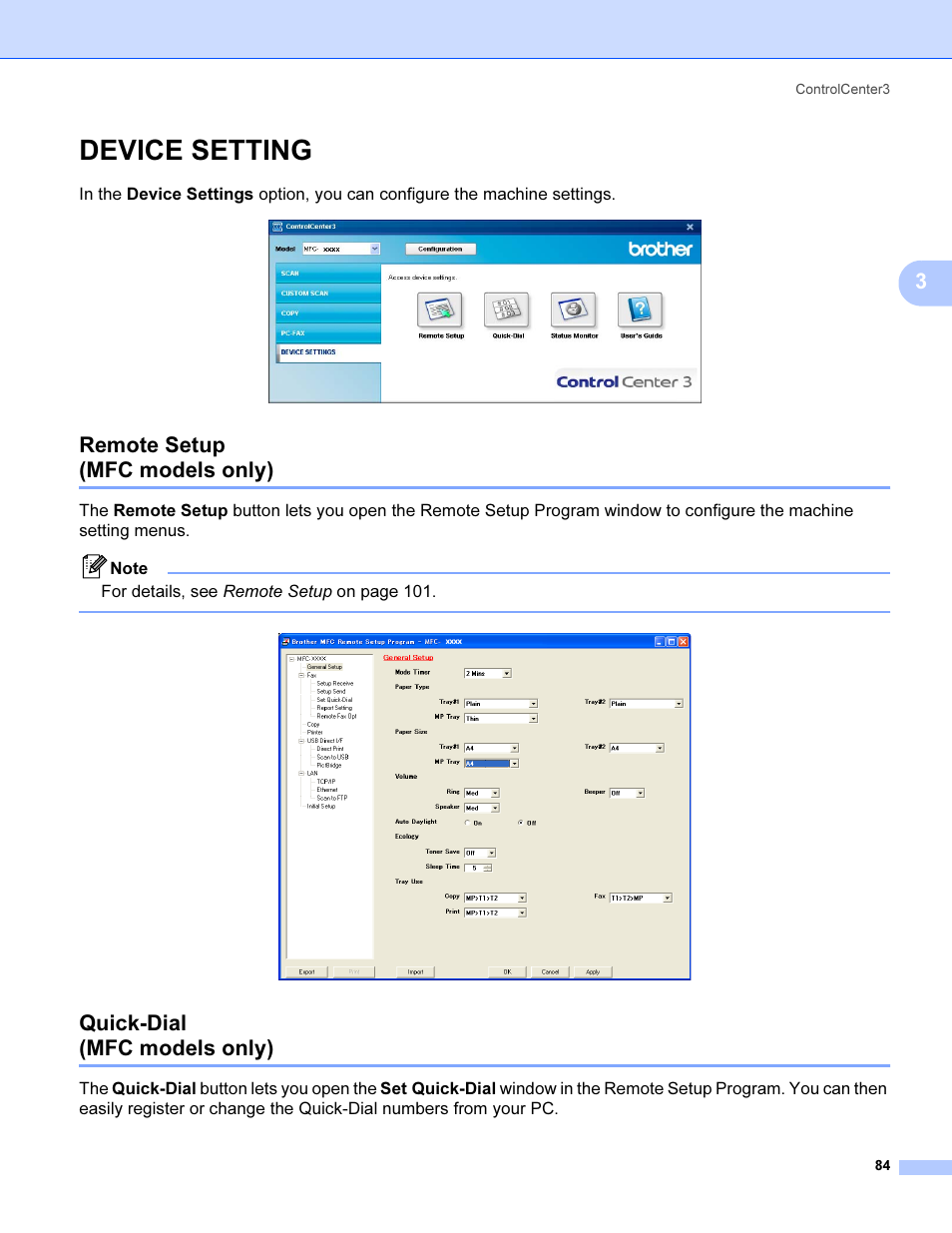 Device setting, Remote setup (mfc models only), Quick-dial (mfc models only) | Brother MFC 9840CDW User Manual | Page 91 / 221
