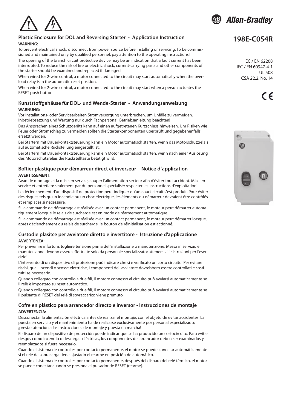 Rockwell Automation 198E-C0S4R Plastic Encl. for DOL and Reversing Starter User Manual | 4 pages