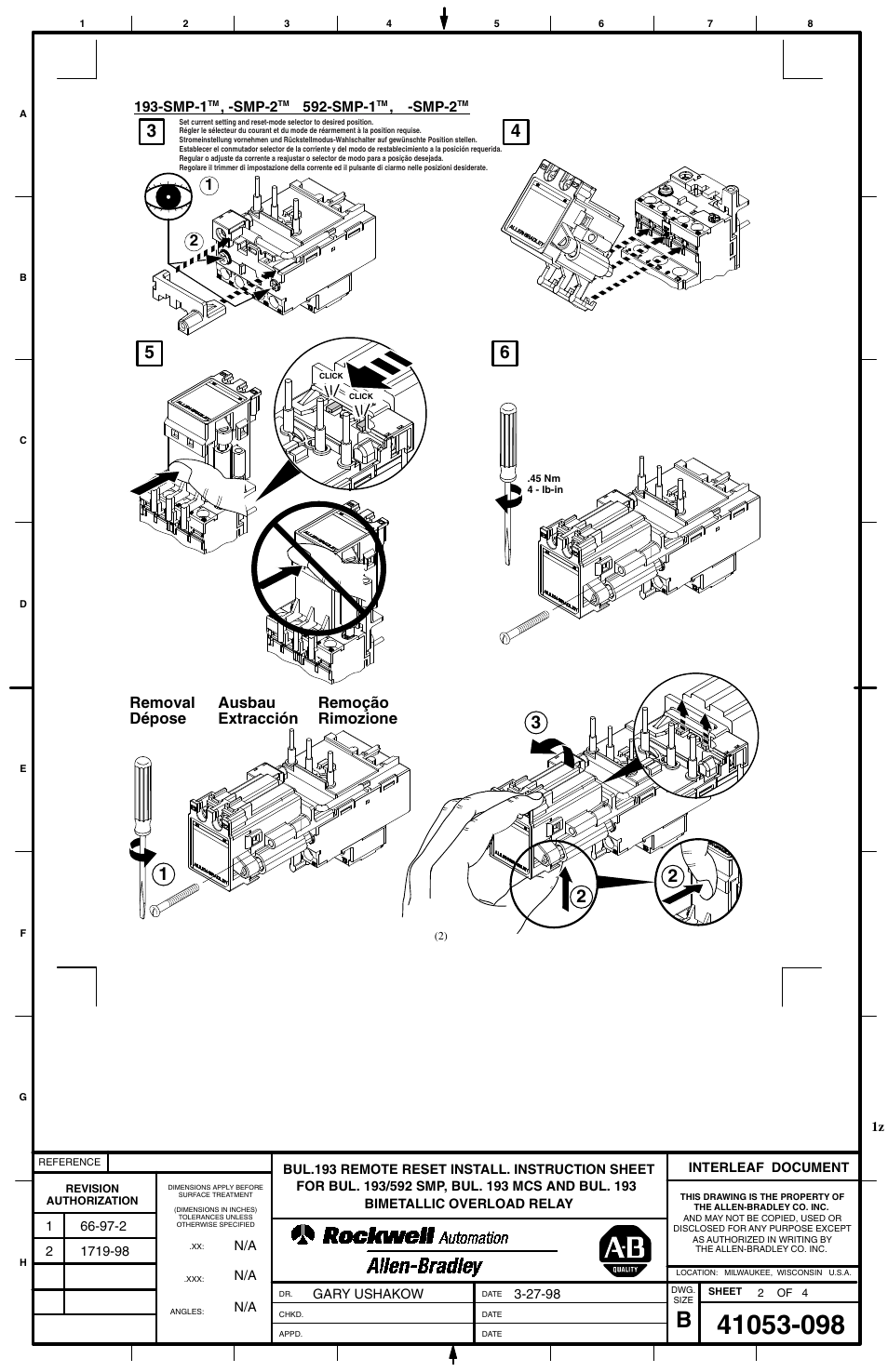 Removal dépose, Ausbau extracción remoção rimozione | Rockwell Automation 193-ER1 Overload Relay Remote Reset User Manual | Page 2 / 4