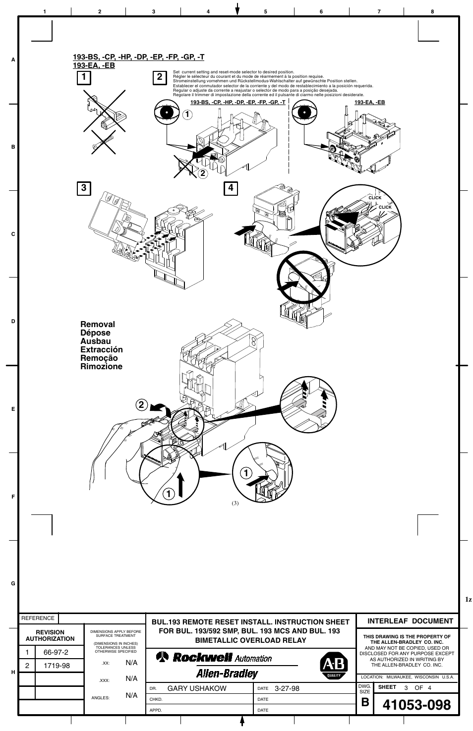 Removal dépose ausbau extracción remoção rimozione | Rockwell Automation 193-ER1 Overload Relay Remote Reset User Manual | Page 3 / 4