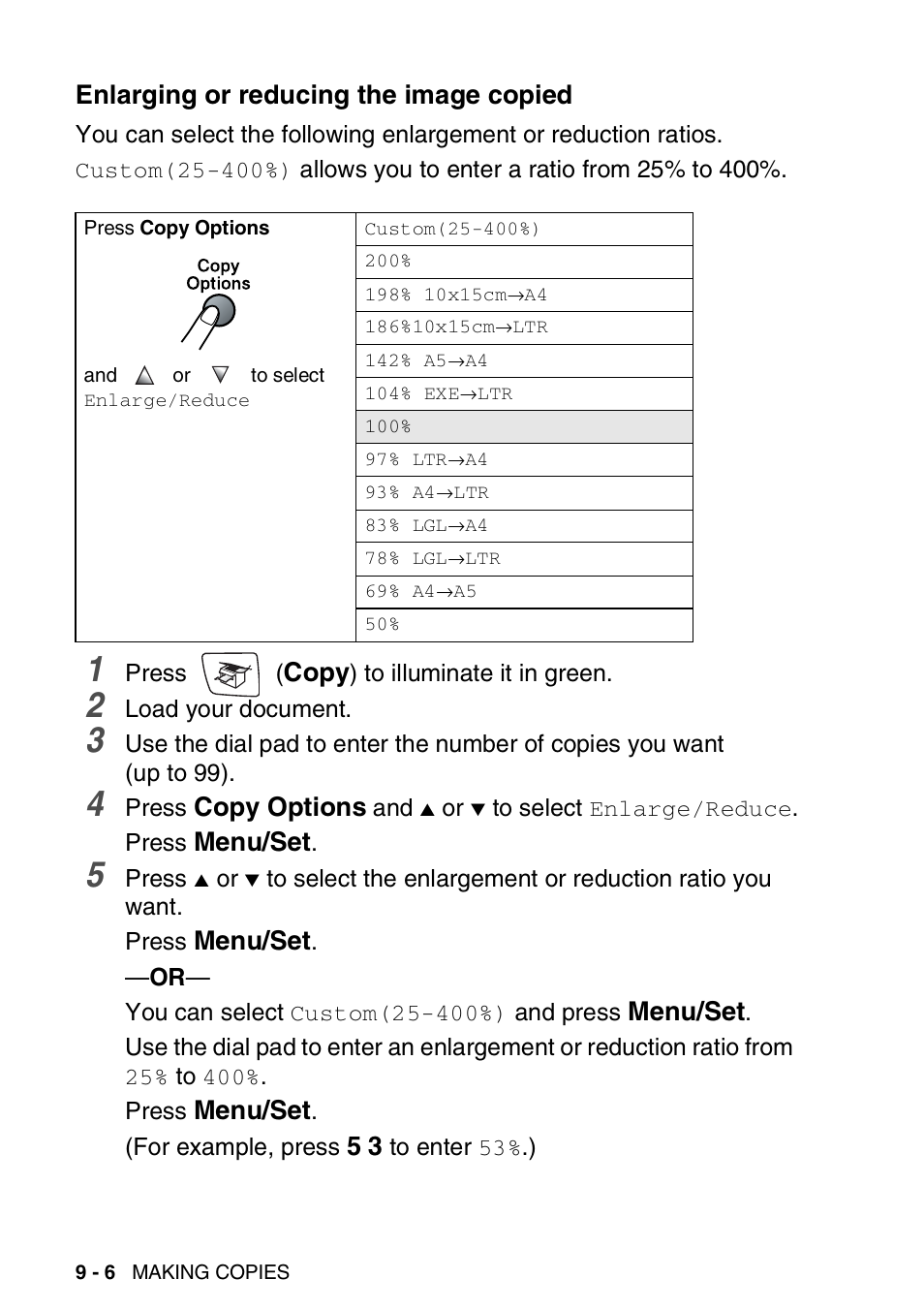Enlarging or reducing the image copied, Enlarging or reducing the image copied -6, Copy | Copy options, Menu/set | Brother DCP-110C User Manual | Page 100 / 212