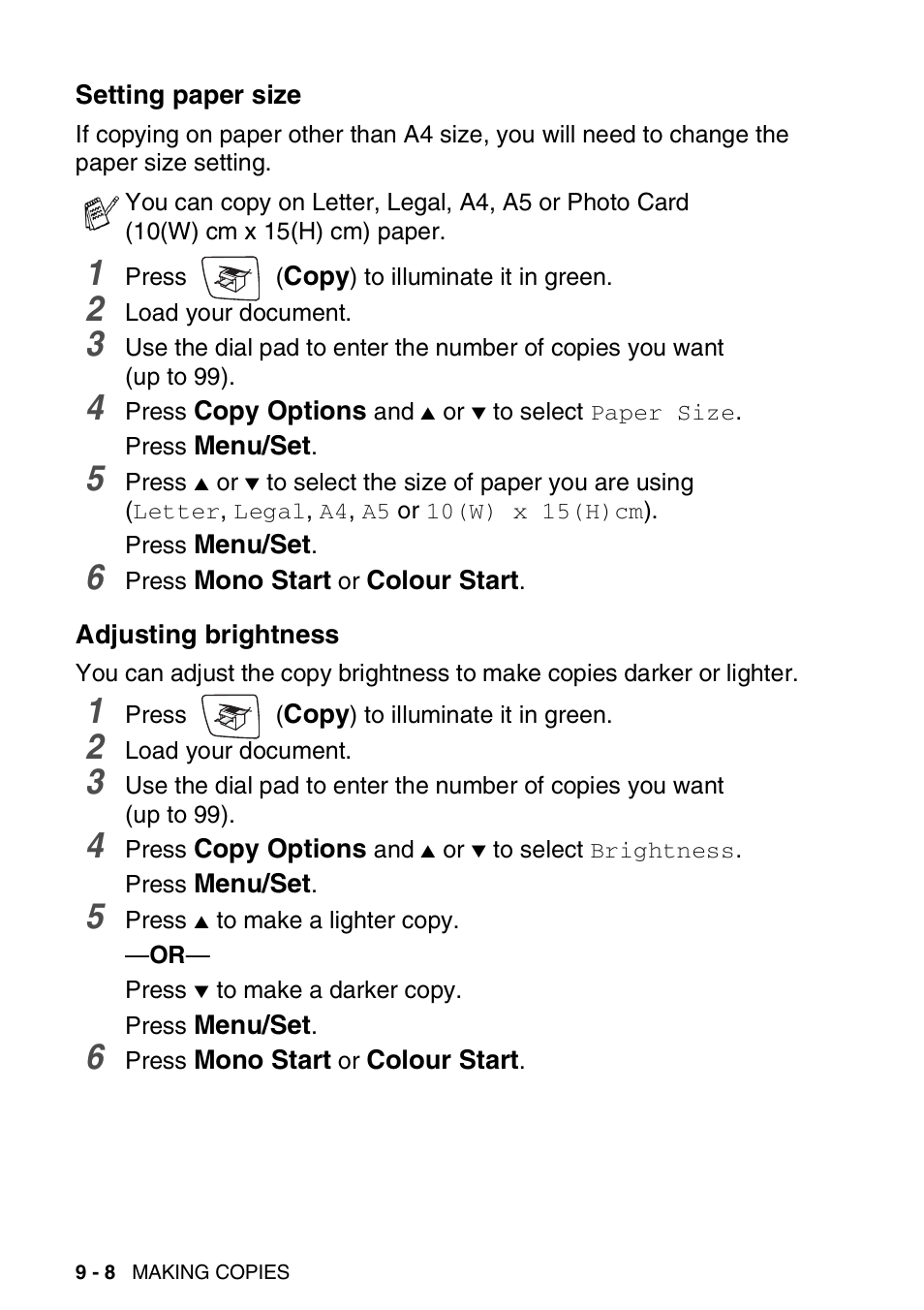 Setting paper size, Adjusting brightness, Setting paper size -8 adjusting brightness -8 | Brother DCP-110C User Manual | Page 102 / 212