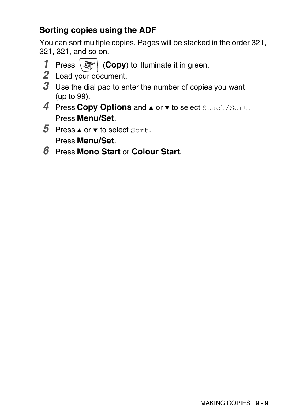 Sorting copies using the adf, Sorting copies using the adf -9 | Brother DCP-110C User Manual | Page 103 / 212