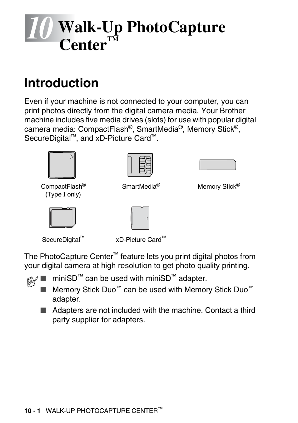 10 walk-up photocapture center, Introduction, Walk-up photocapture center | Introduction -1 | Brother DCP-110C User Manual | Page 110 / 212