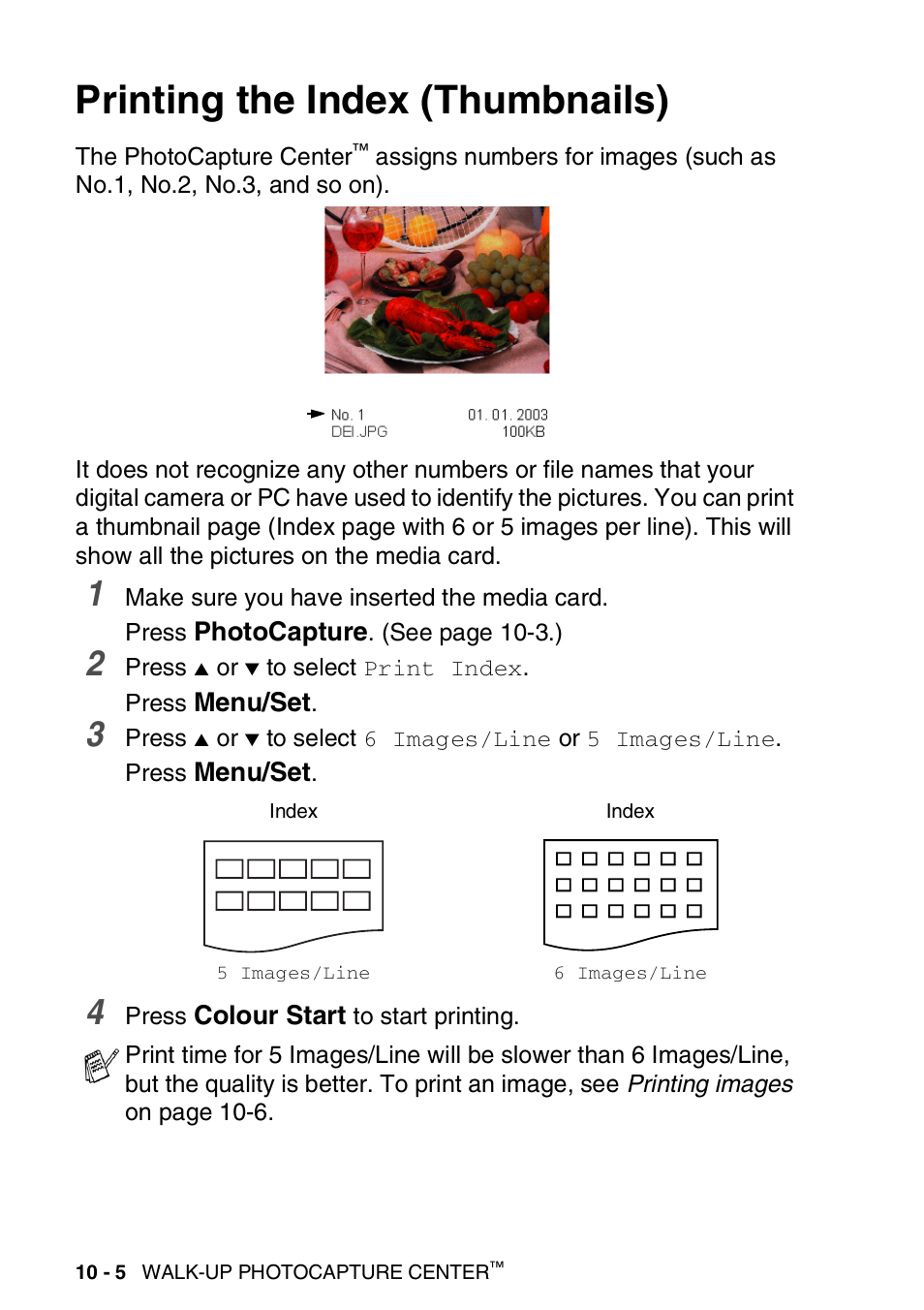 Printing the index (thumbnails), Printing the index (thumbnails) -5 | Brother DCP-110C User Manual | Page 114 / 212