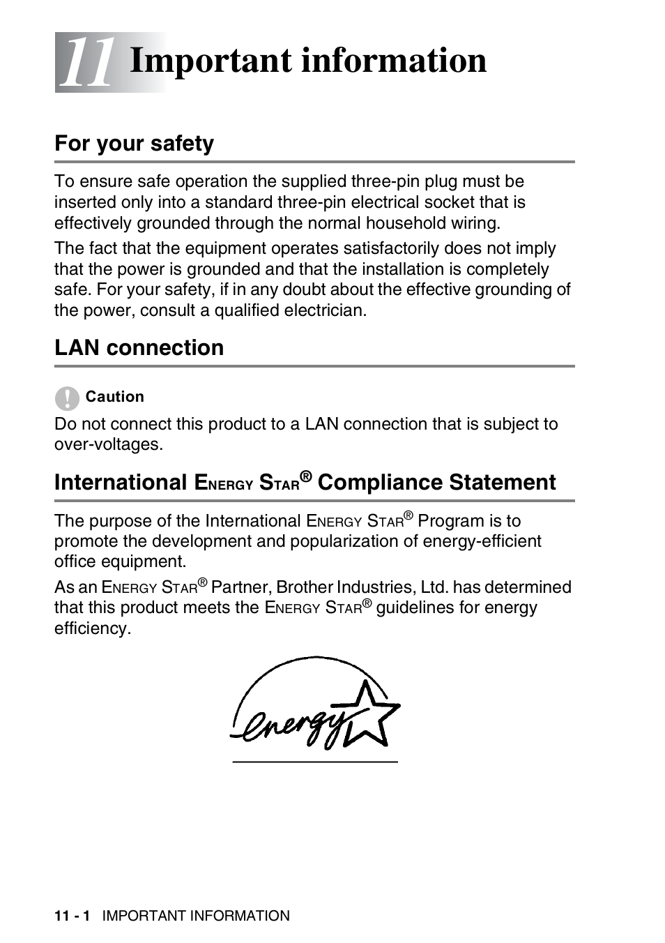 11 important information, For your safety, Lan connection | International energy star® compliance statement, Important information -1, Nergy, Compliance statement -1, Important information, International e, Compliance statement | Brother DCP-110C User Manual | Page 124 / 212