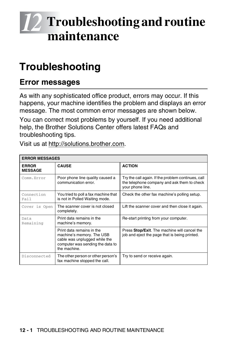 12 troubleshooting and routine maintenance, Troubleshooting, Error messages | Troubleshooting and routine maintenance -1, Troubleshooting -1, Error messages -1, Troubleshooting and routine maintenance | Brother DCP-110C User Manual | Page 128 / 212