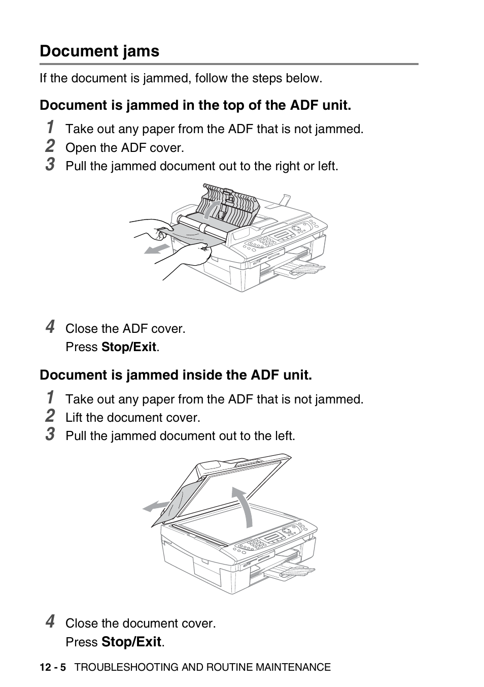 Document jams, Document is jammed in the top of the adf unit, Document is jammed inside the adf unit | Document jams -5 | Brother DCP-110C User Manual | Page 132 / 212