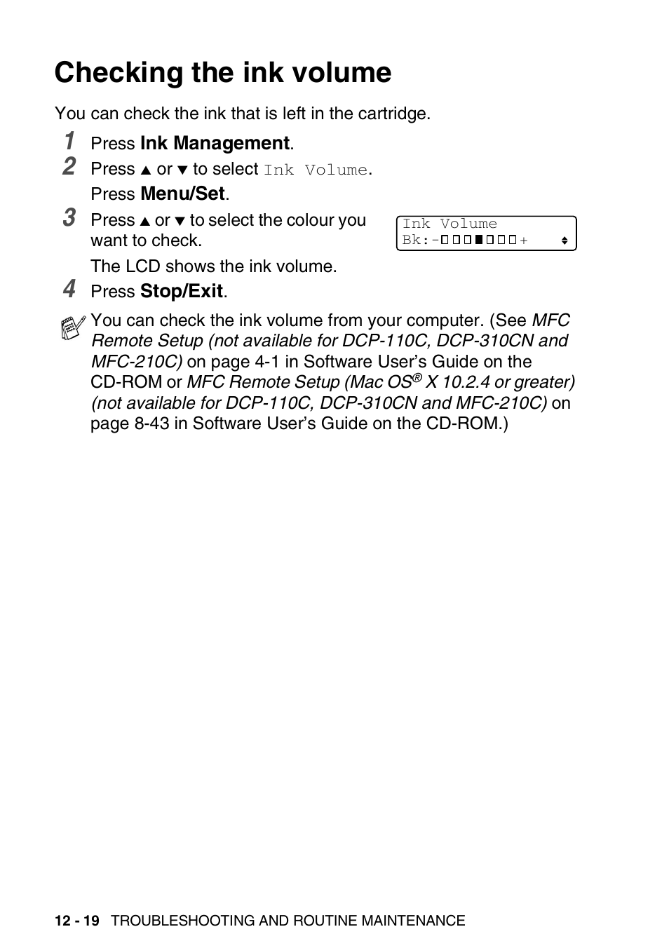 Checking the ink volume, Checking the ink volume -19 | Brother DCP-110C User Manual | Page 146 / 212