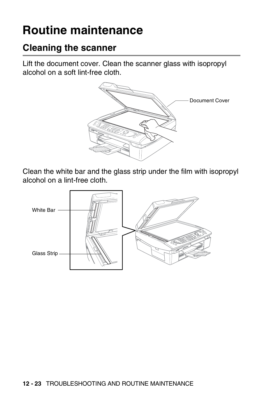 Routine maintenance, Cleaning the scanner, Routine maintenance -23 | Cleaning the scanner -23 | Brother DCP-110C User Manual | Page 150 / 212