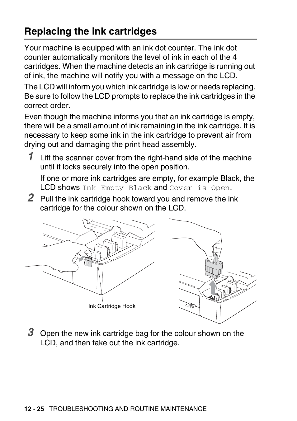 Replacing the ink cartridges, Replacing the ink cartridges -25 | Brother DCP-110C User Manual | Page 152 / 212