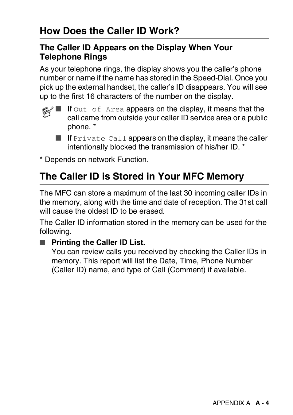 How does the caller id work, The caller id is stored in your mfc memory, The caller id appears on the display when your | Brother DCP-110C User Manual | Page 159 / 212