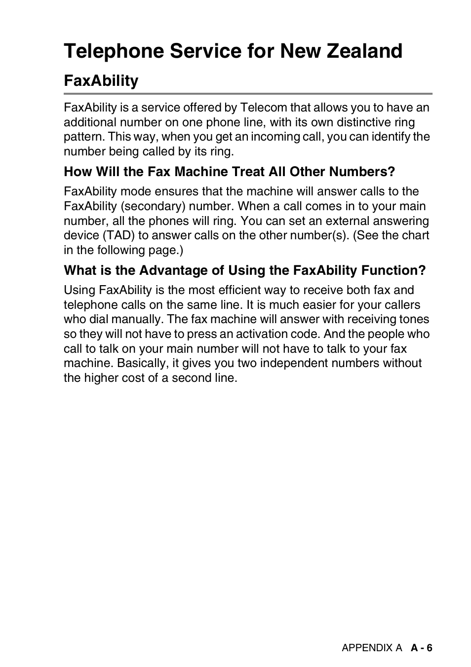 Telephone service for new zealand, Faxability, How will the fax machine treat all other numbers | How will the fax machine treat all other, What is the advantage of using the faxability | Brother DCP-110C User Manual | Page 161 / 212