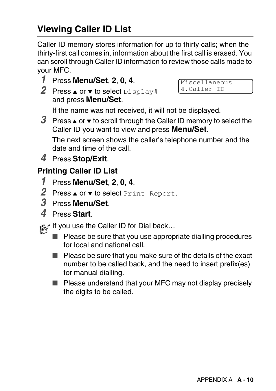 Viewing caller id list, Printing caller id list | Brother DCP-110C User Manual | Page 165 / 212