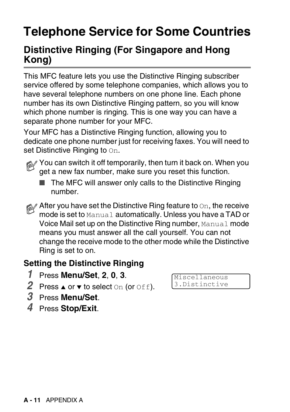 Telephone service for some countries, Distinctive ringing (for singapore and hong kong), Setting the distinctive ringing | Distinctive ringing | Brother DCP-110C User Manual | Page 166 / 212