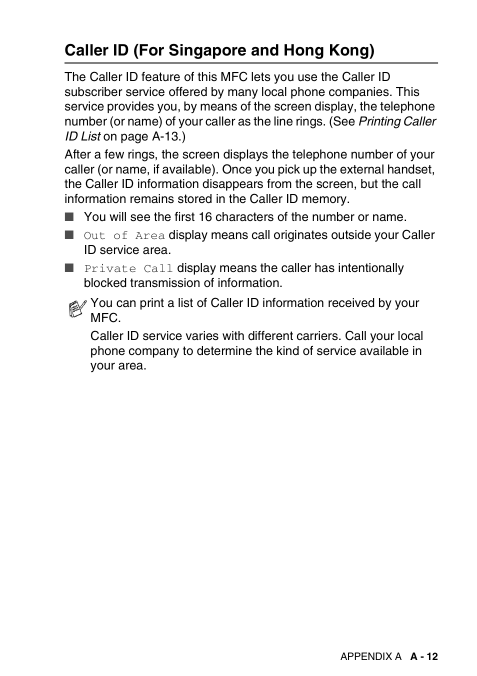 Caller id (for singapore and hong kong) | Brother DCP-110C User Manual | Page 167 / 212