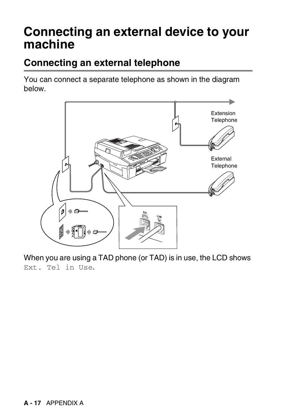 Connecting an external device to your machine, Connecting an external telephone | Brother DCP-110C User Manual | Page 172 / 212