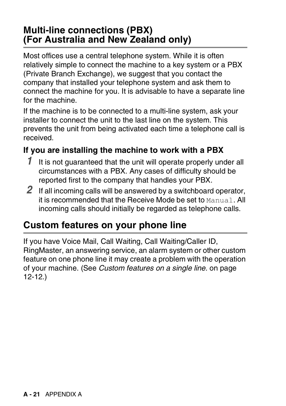 Custom features on your phone line, Multi-line connections (pbx) | Brother DCP-110C User Manual | Page 176 / 212