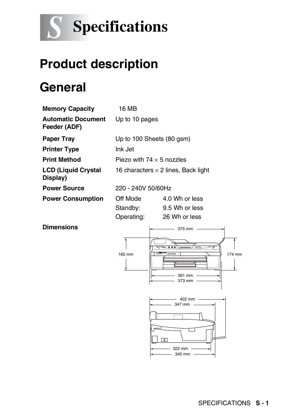 Specifications, Product description, General | Product description general | Brother DCP-110C User Manual | Page 195 / 212