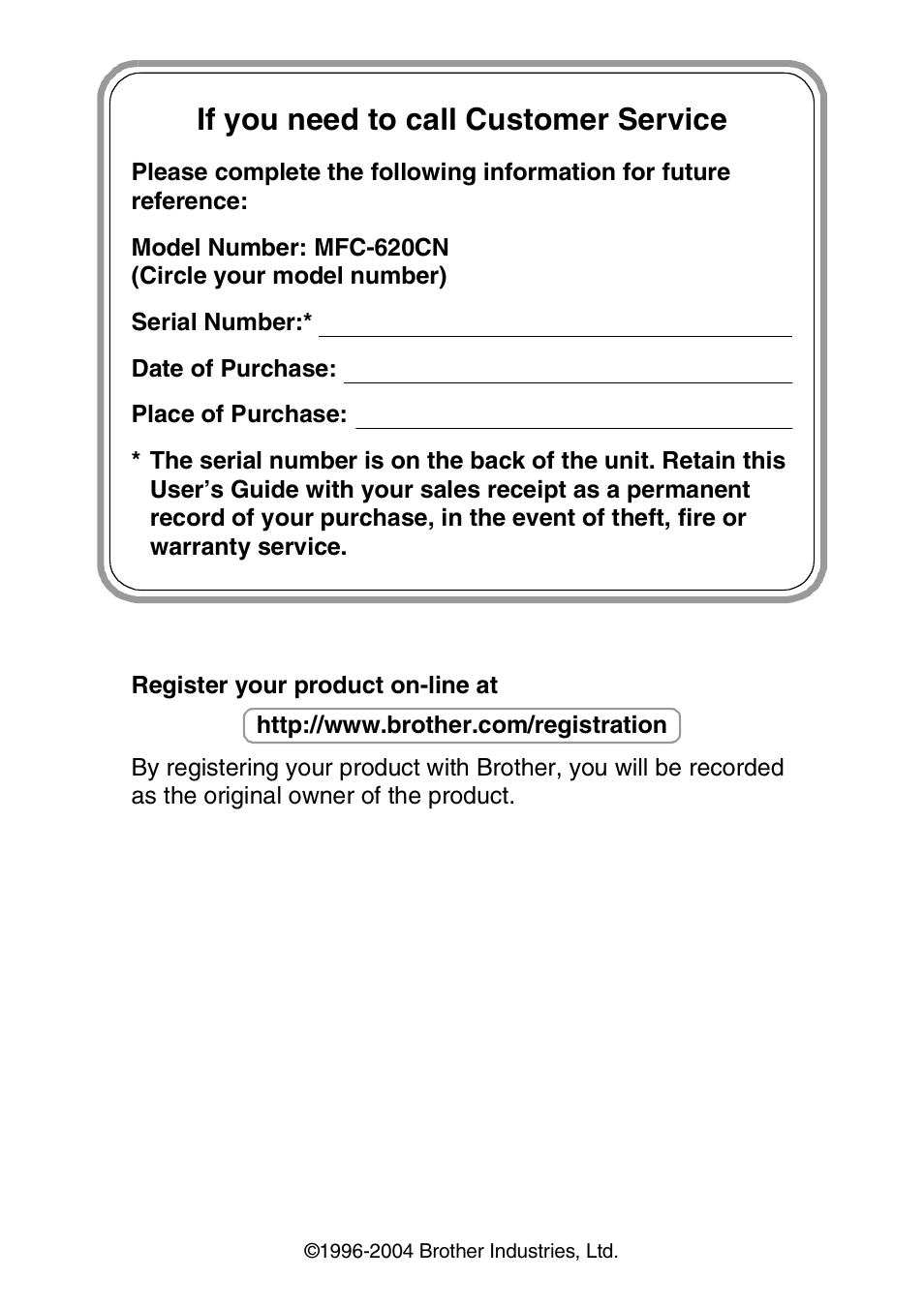 If you need to call customer service | Brother DCP-110C User Manual | Page 2 / 212