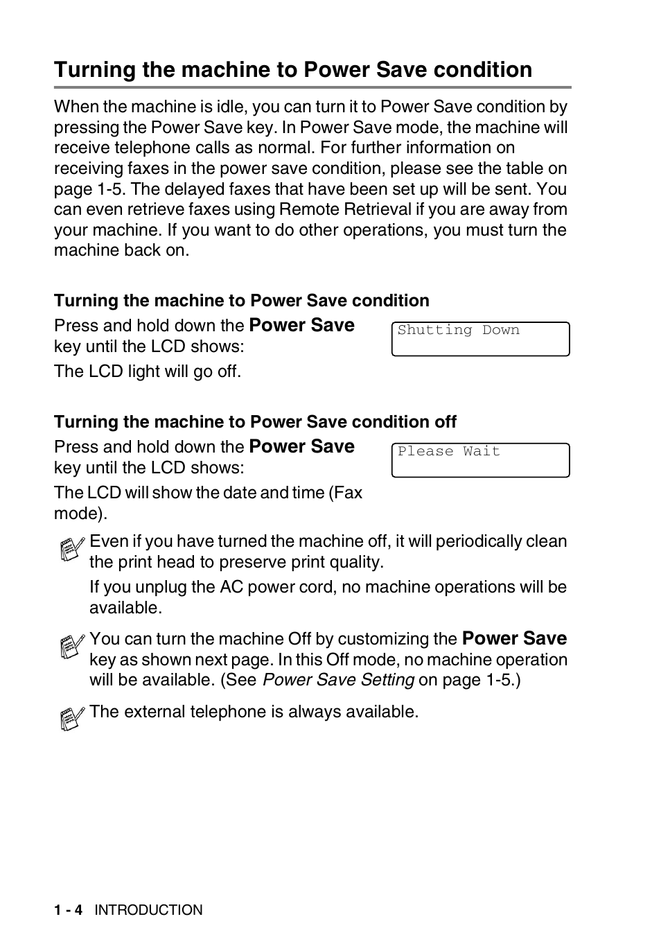 Turning the machine to power save condition, Turning the machine to power save condition -4 | Brother DCP-110C User Manual | Page 20 / 212