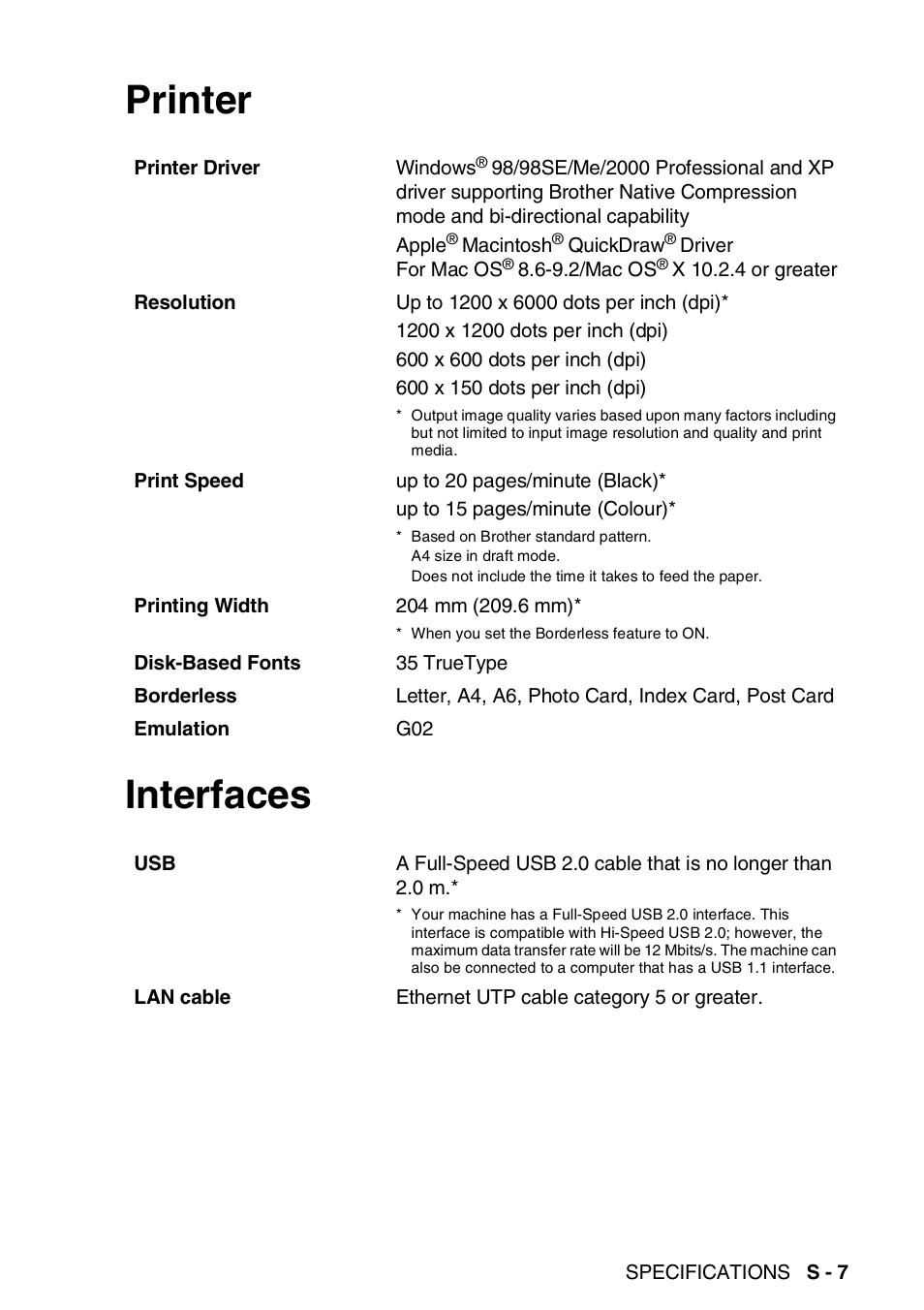 Printer, Interfaces, Printer interfaces | Brother DCP-110C User Manual | Page 201 / 212