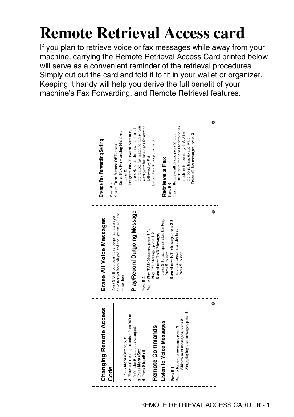 Remote retrieval access card, Remote retrieval access card r - 1, Erase all voice messages | Play/record outgoing message, Changing remote access code, Remote commands, Change fax forwarding setting, Retrieve a fax | Brother DCP-110C User Manual | Page 210 / 212