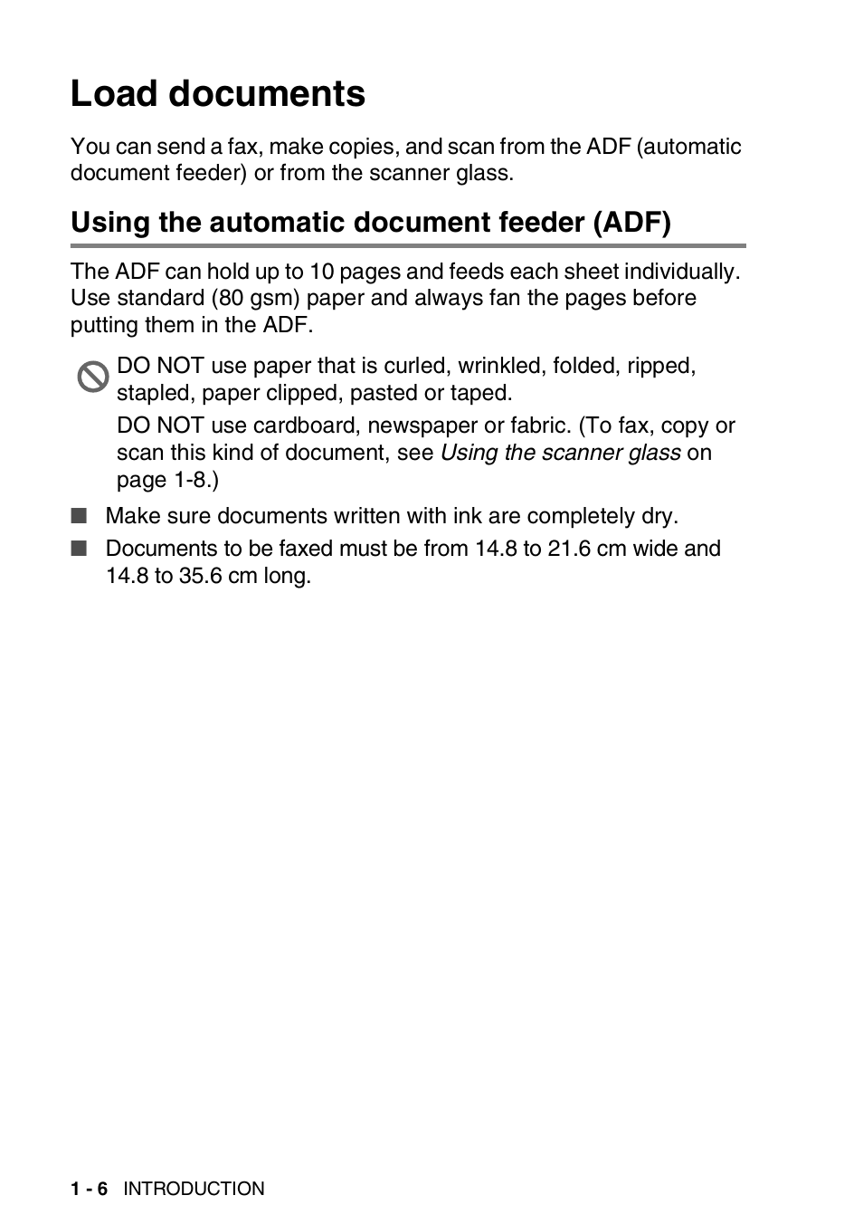 Load documents, Using the automatic document feeder (adf), Load documents -6 | Using the automatic document feeder (adf) -6 | Brother DCP-110C User Manual | Page 22 / 212