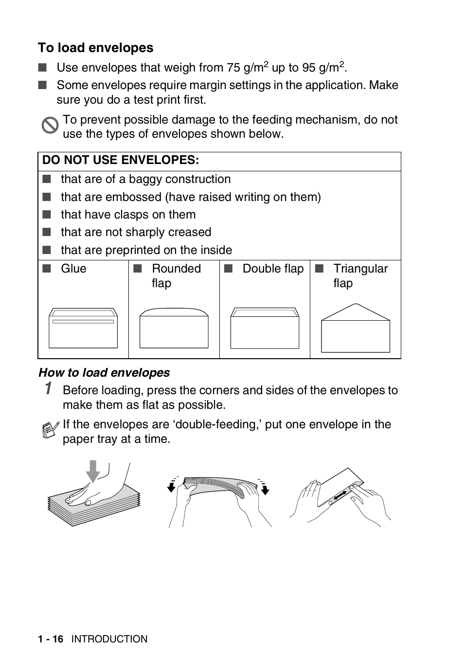 To load envelopes, To load envelopes -16 | Brother DCP-110C User Manual | Page 32 / 212