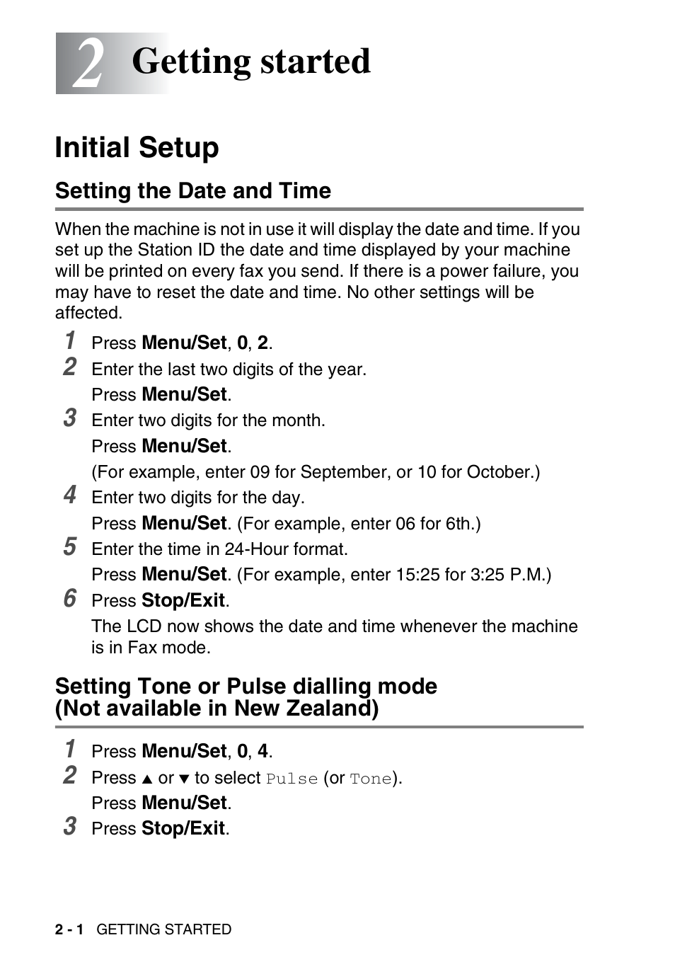 2 getting started, Initial setup, Setting the date and time | Getting started -1, Initial setup -1, Not available in new zealand) -1, Getting started | Brother DCP-110C User Manual | Page 36 / 212