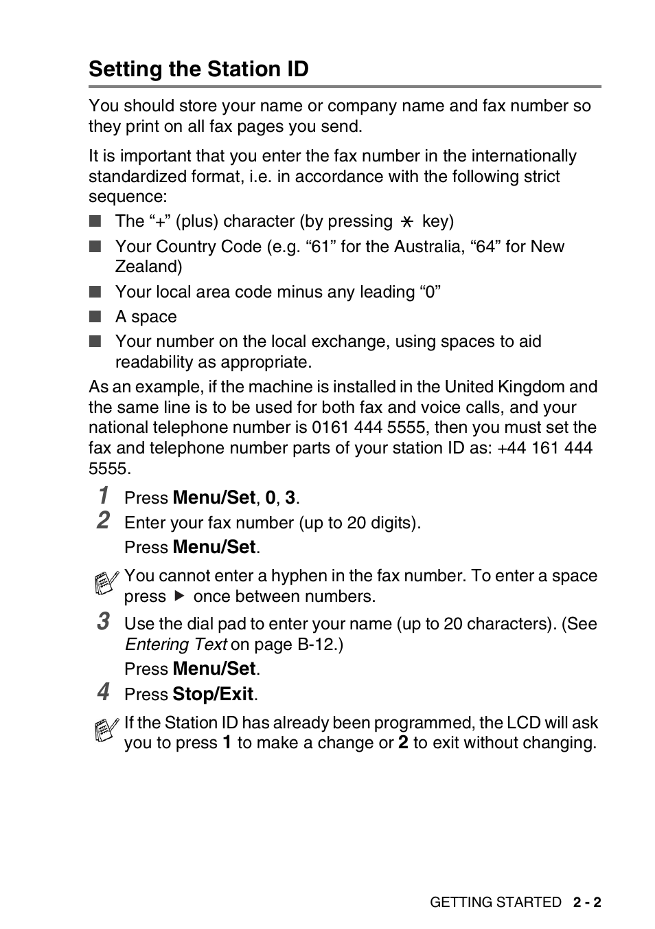 Setting the station id, Setting the station id -2 | Brother DCP-110C User Manual | Page 37 / 212