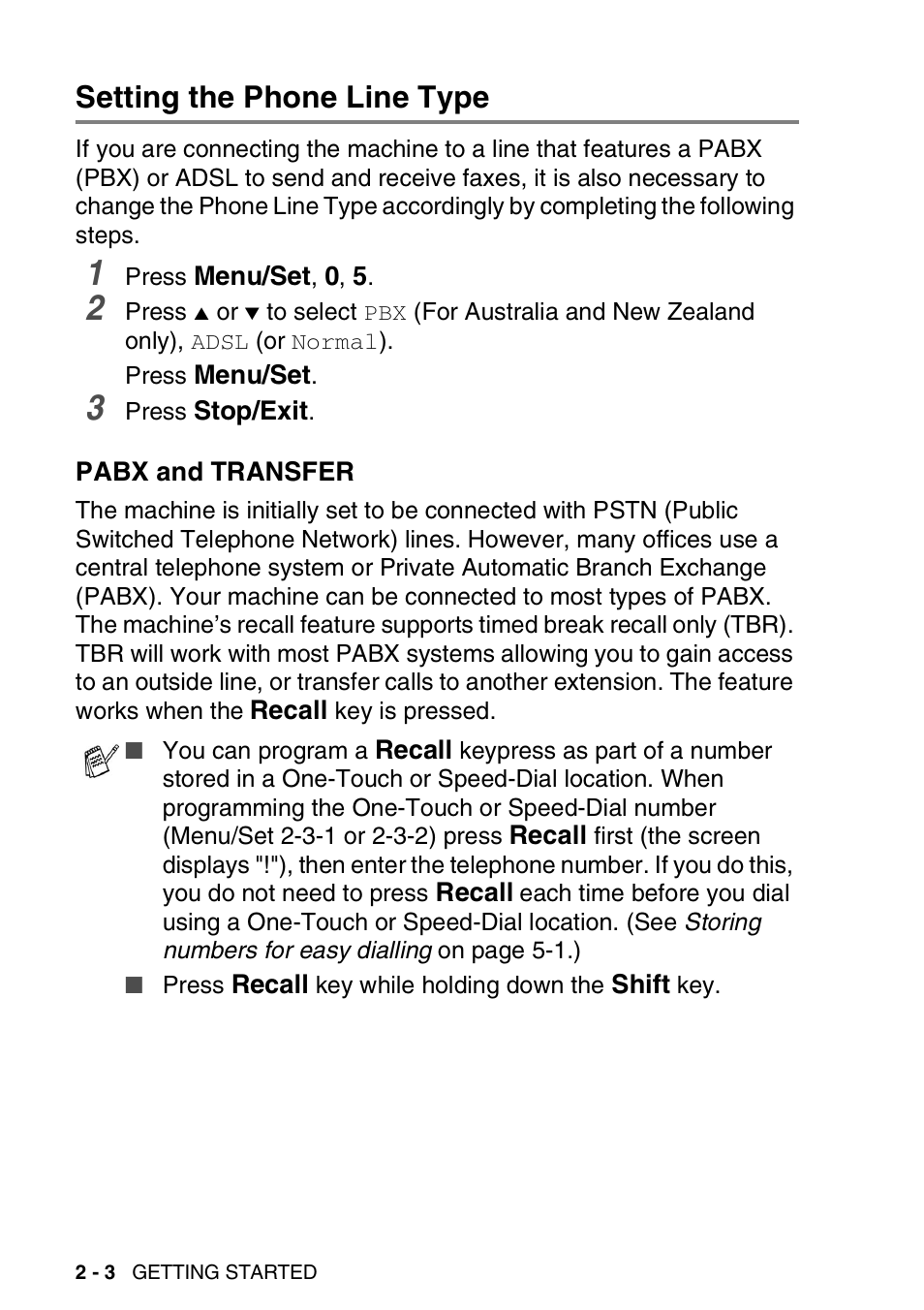 Setting the phone line type, Pabx and transfer, Setting the phone line type -3 | Pabx and transfer -3 | Brother DCP-110C User Manual | Page 38 / 212