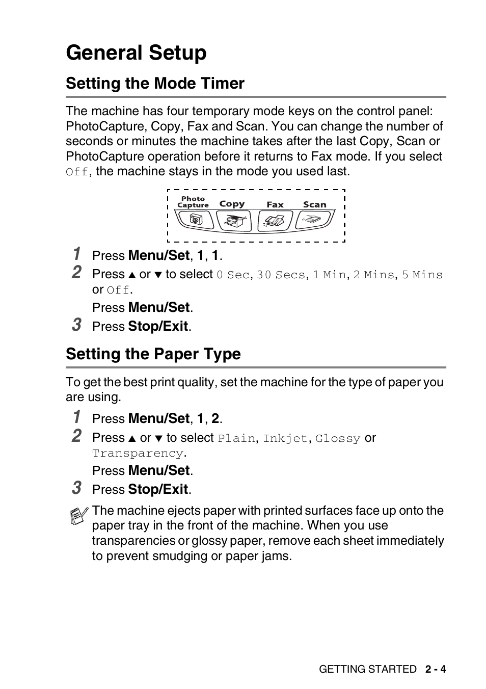 General setup, Setting the mode timer, Setting the paper type | General setup -4 | Brother DCP-110C User Manual | Page 39 / 212