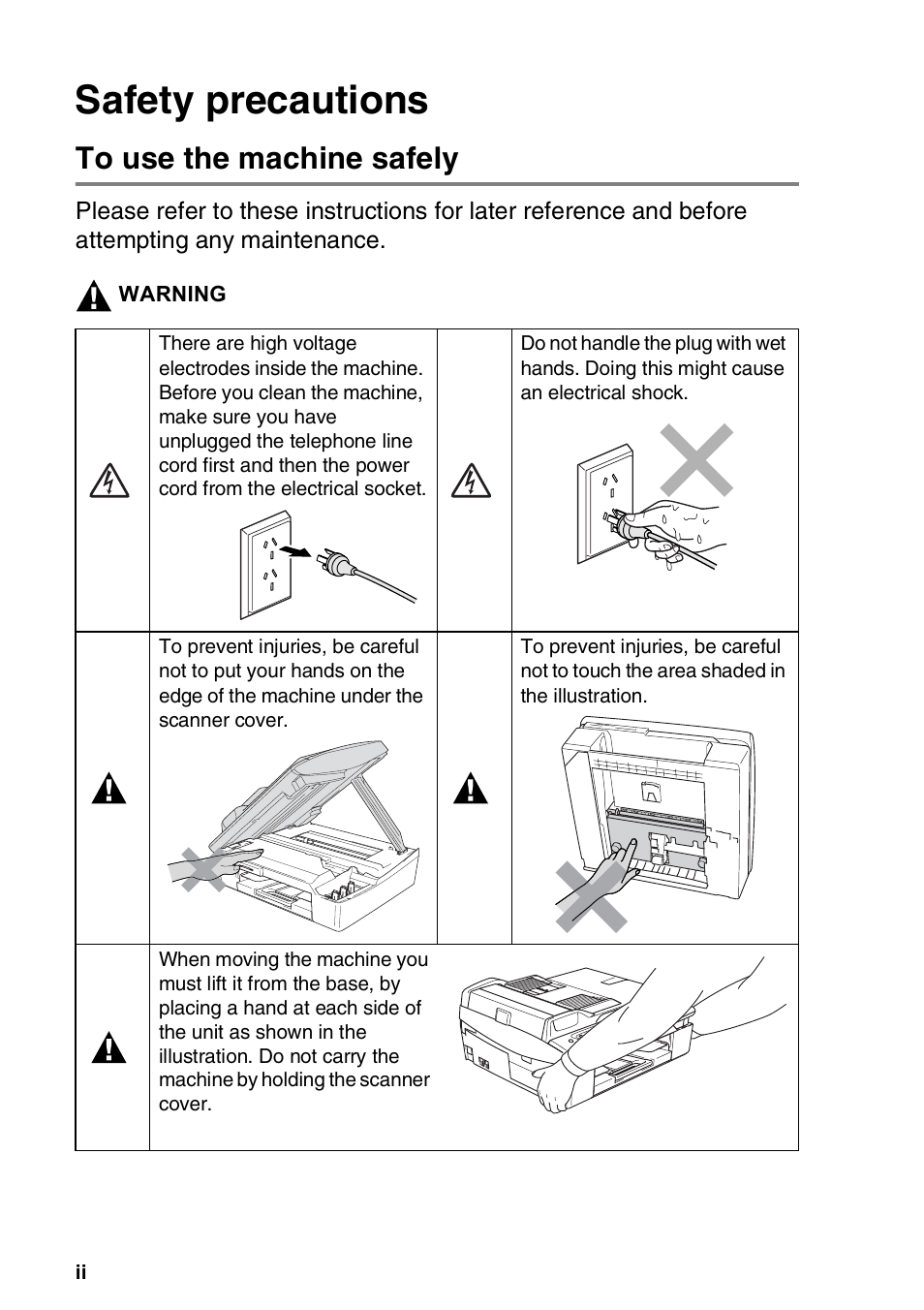 Safety precautions, To use the machine safely | Brother DCP-110C User Manual | Page 4 / 212