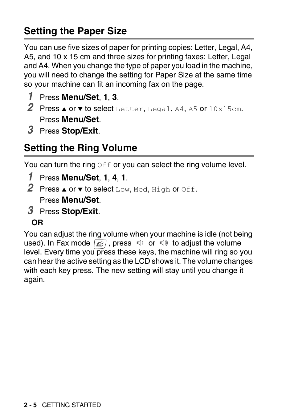 Setting the paper size, Setting the ring volume | Brother DCP-110C User Manual | Page 40 / 212