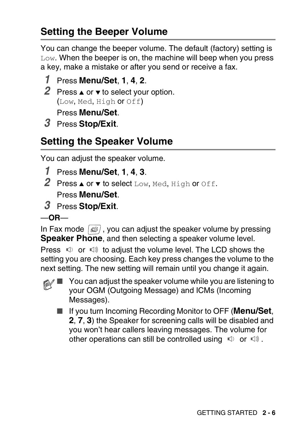 Setting the beeper volume, Setting the speaker volume | Brother DCP-110C User Manual | Page 41 / 212