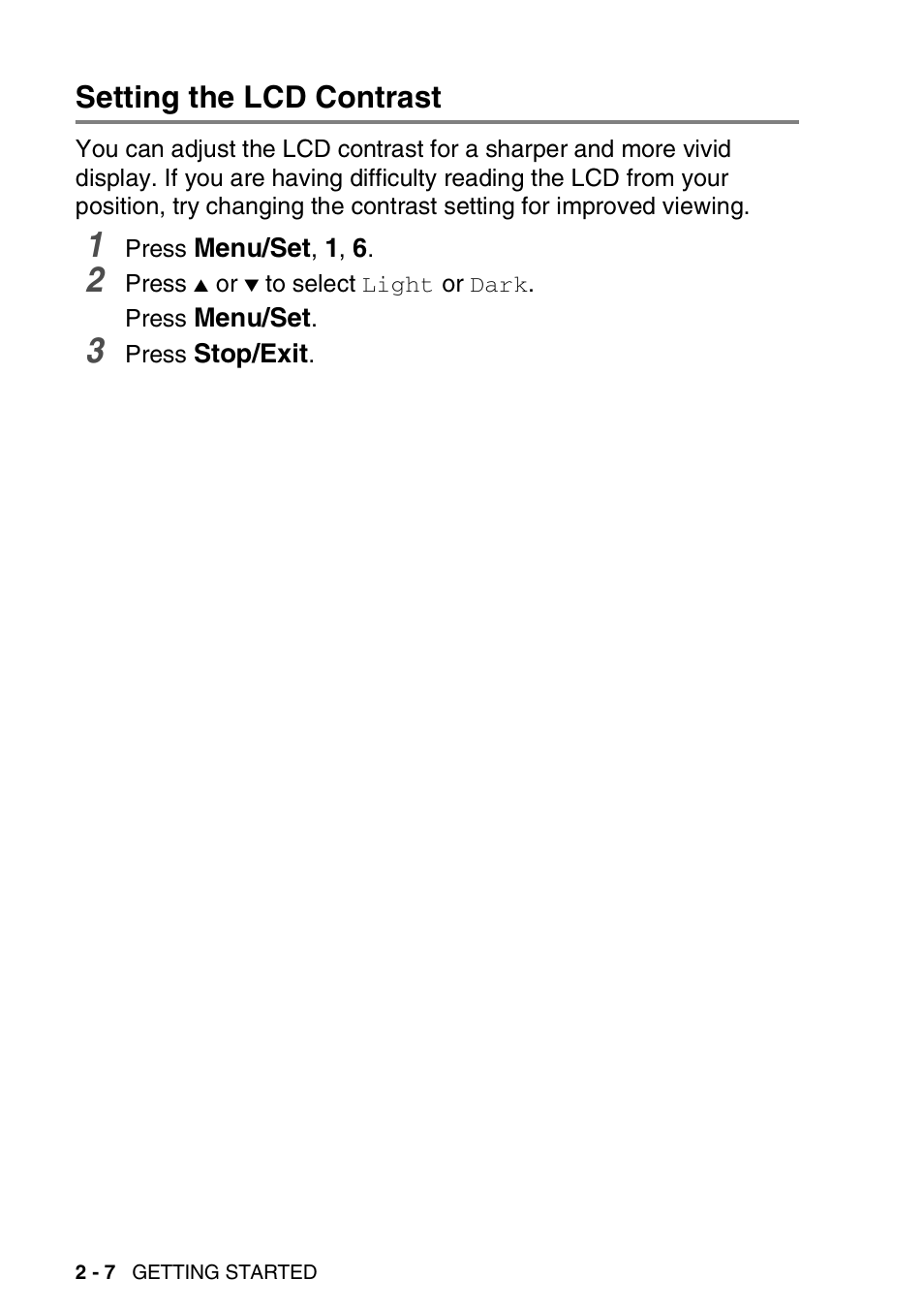 Turning on automatic daylight savings time, Setting the lcd contrast, Setting the lcd contrast -7 | Brother DCP-110C User Manual | Page 42 / 212