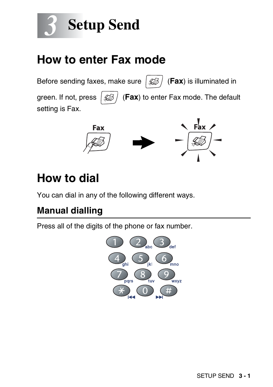 3 setup send, How to enter fax mode, How to dial | Manual dialling, Setup send -1, How to enter fax mode -1 how to dial -1, Manual dialling -1, Setup send | Brother DCP-110C User Manual | Page 43 / 212