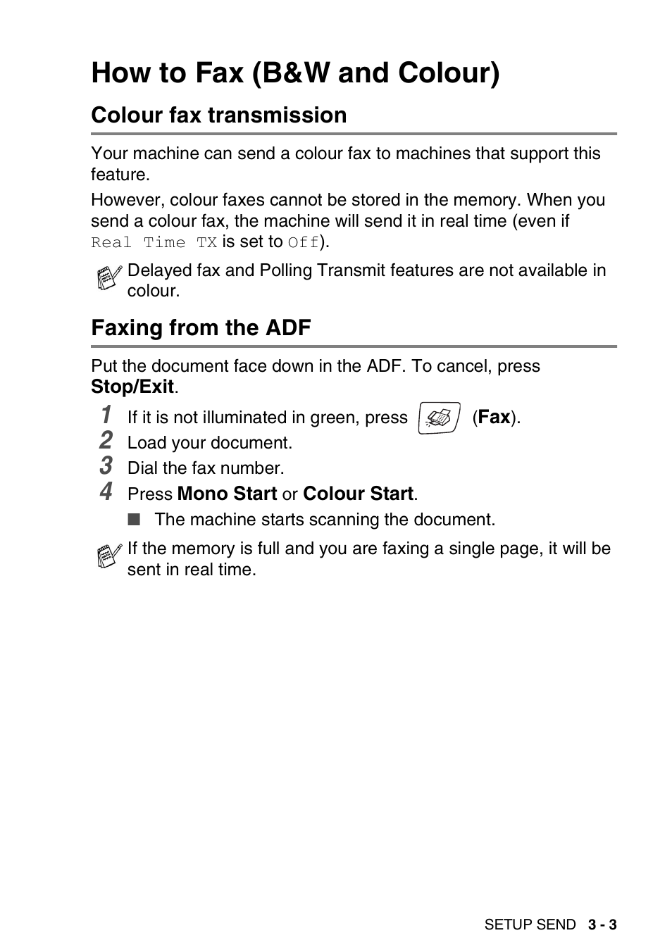 How to fax (b&w and colour), Colour fax transmission, Faxing from the adf | How to fax (b&w and colour) -3, Colour fax transmission -3 faxing from the adf -3 | Brother DCP-110C User Manual | Page 45 / 212