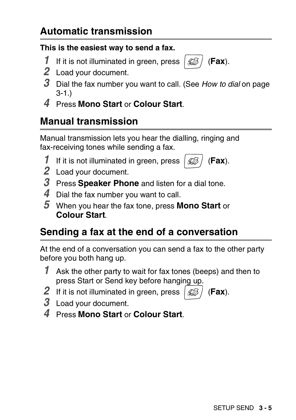 Automatic transmission, Manual transmission, Sending a fax at the end of a conversation | Brother DCP-110C User Manual | Page 47 / 212