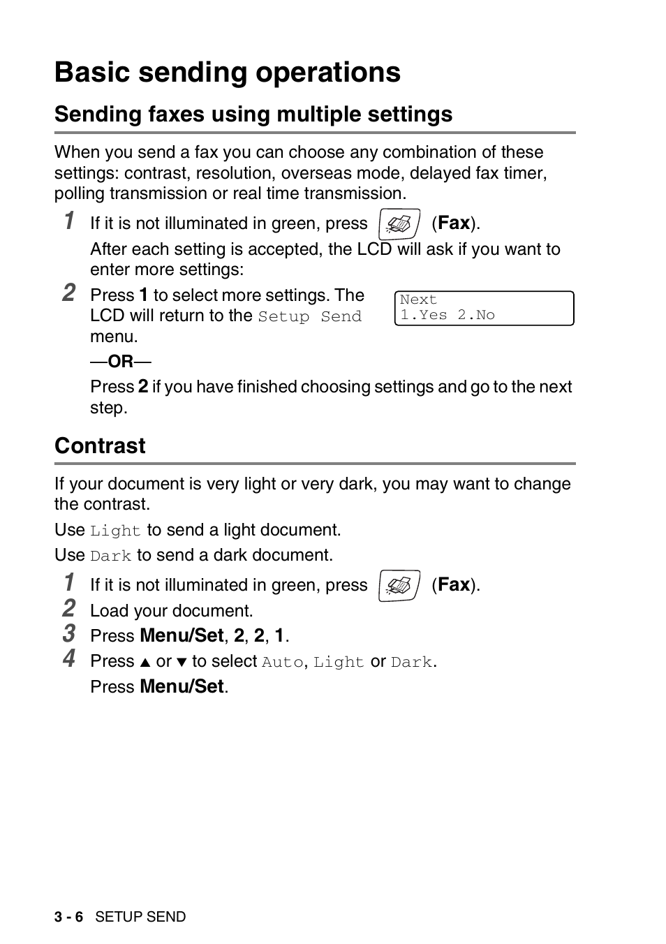 Basic sending operations, Sending faxes using multiple settings, Contrast | Basic sending operations -6 | Brother DCP-110C User Manual | Page 48 / 212