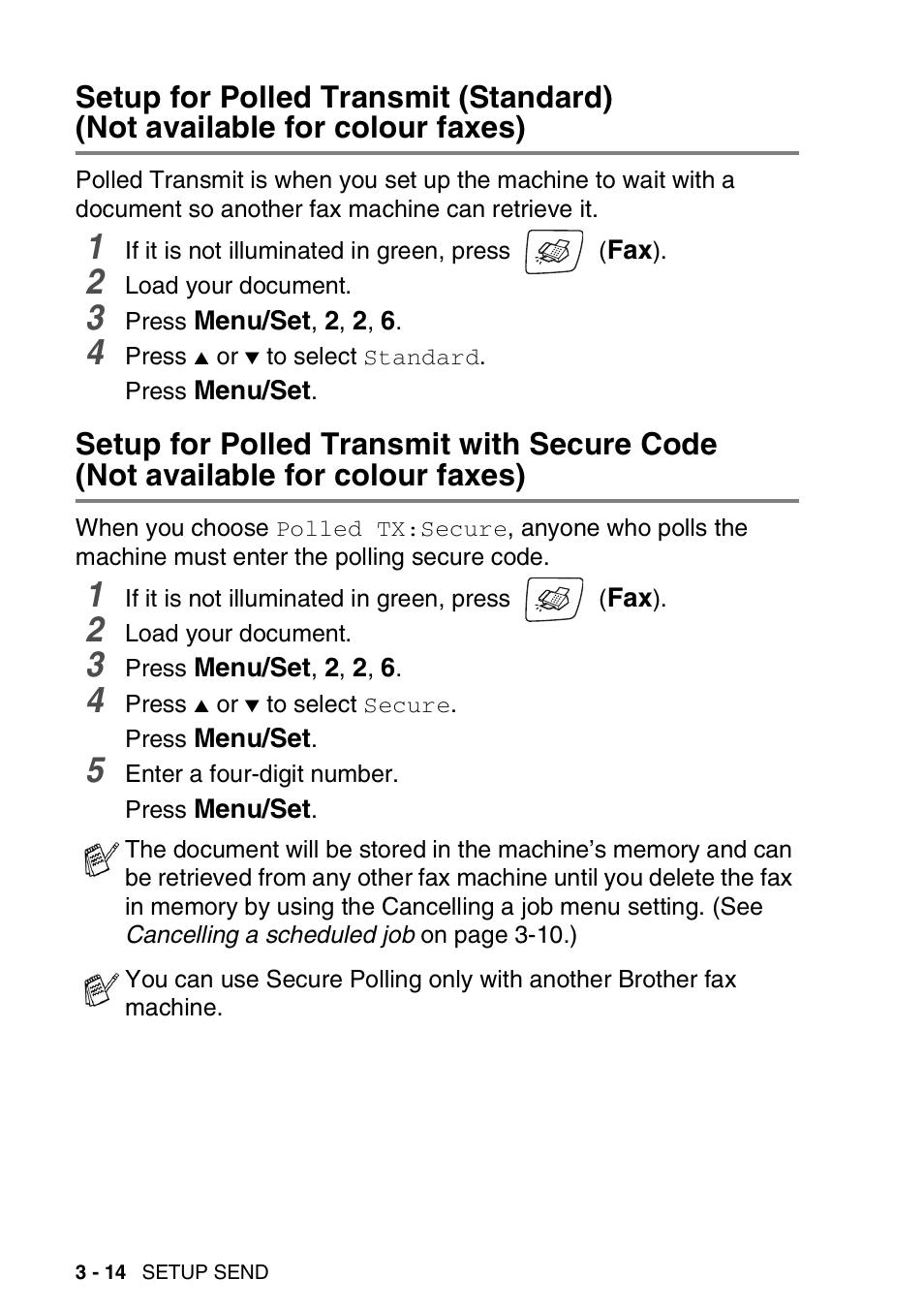 Setup for polled transmit (standard), Not available for colour faxes) -14, Setup for polled transmit with secure code | Brother DCP-110C User Manual | Page 56 / 212