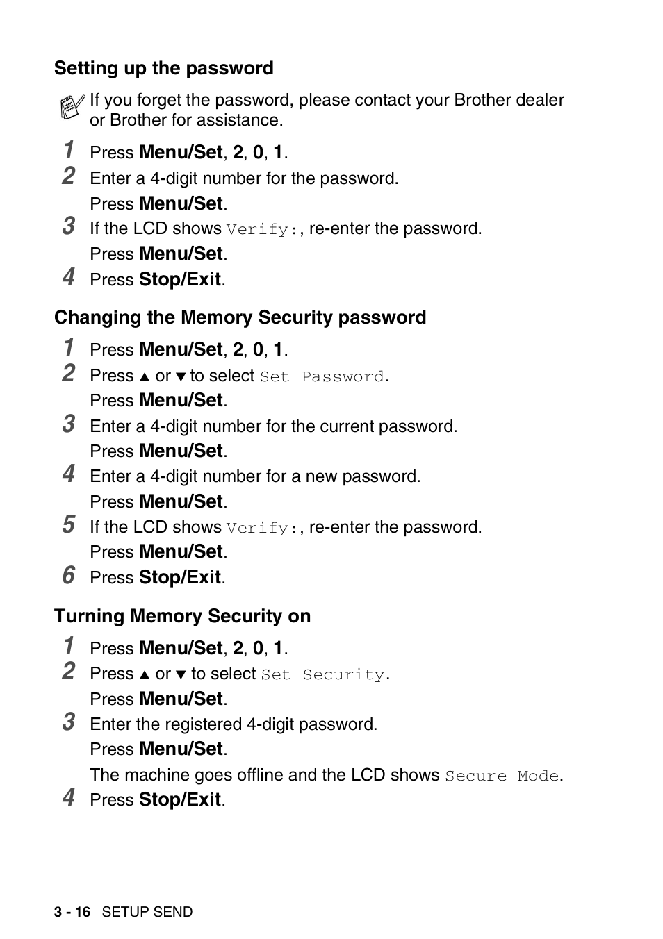 Setting up the password, Changing the memory security password, Turning memory security on | Brother DCP-110C User Manual | Page 58 / 212